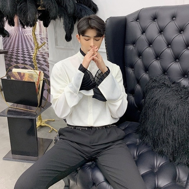 Gothique Noir et Blanc avec Doublure à Volants Détail Hommes Chemises