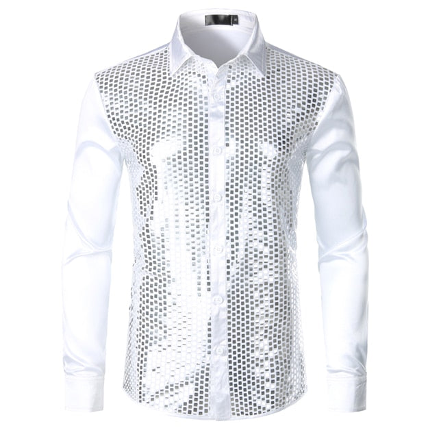 Chemise habillée en soie noire à sequins dorés brillants pour hommes