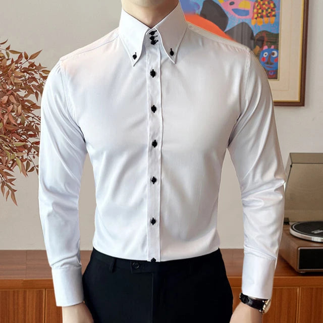 Fashion Solid 3 Button Collar Slim Shirt