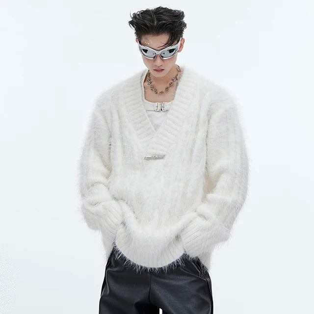 Faux Mink Fur V-Neck Loose Sweater