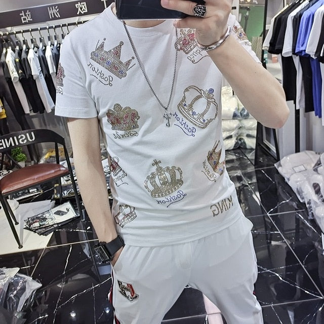 Multicolor Crowns Rhinestones Men Slim Fit T-Shirt