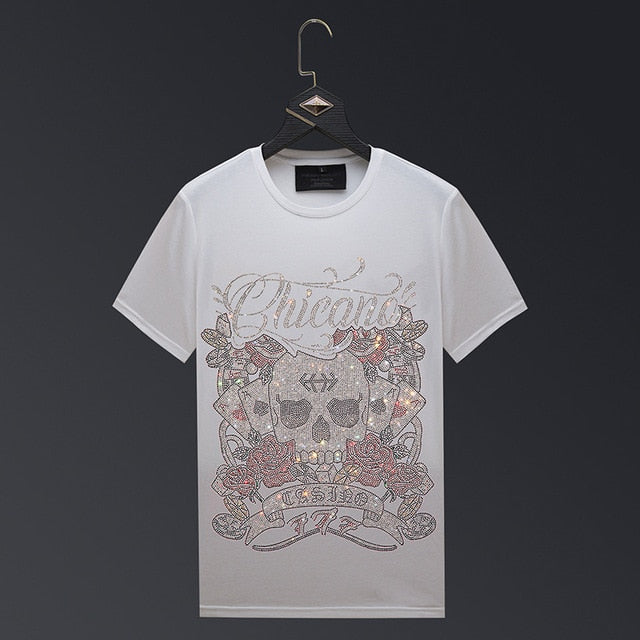 Roses and Skull Rhinestone Decorated T-Shirt