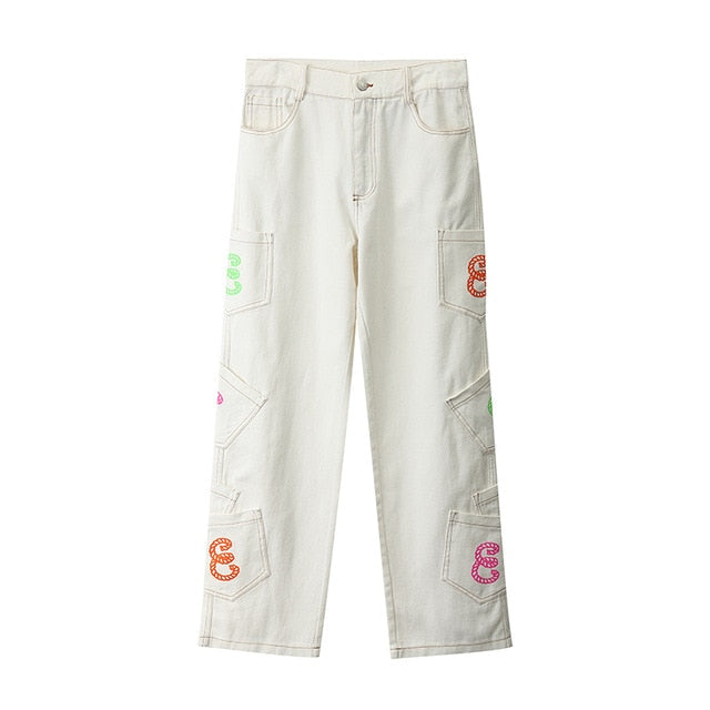 Jeans sueltos de patchwork con letras de bolsillo retro