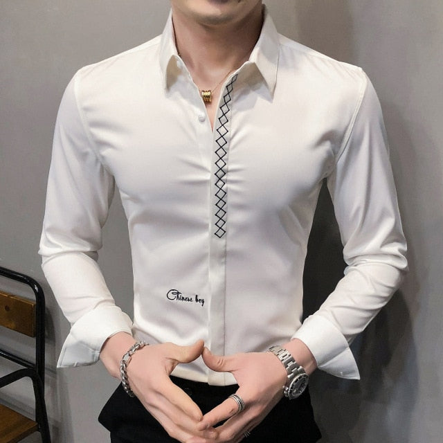 Diamond Line Decorated Solid Color Long Sleeve Shirt