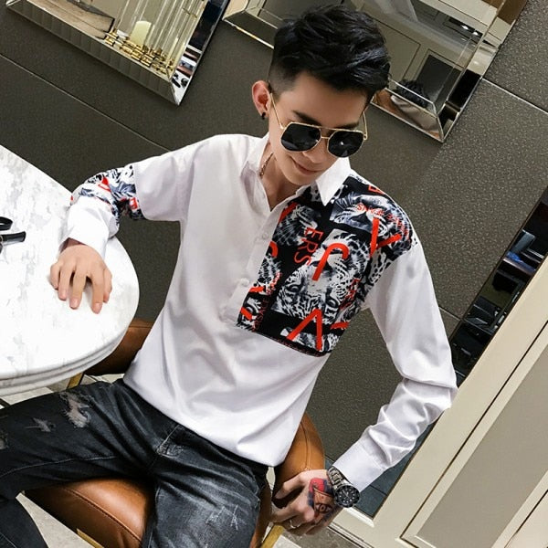 Casual Leopard Letter Patchwork Print Men Long Sleeve Shirt