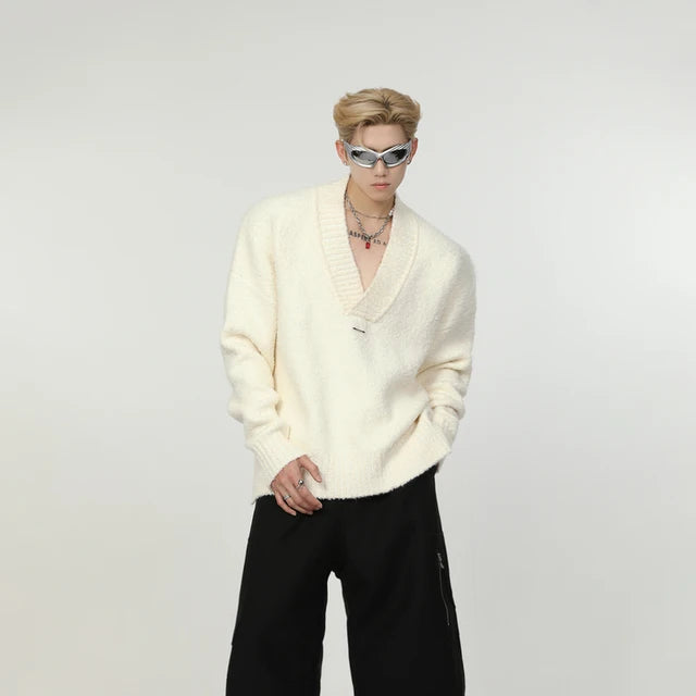 Solid Striped V-Neck Knitwear Sweater