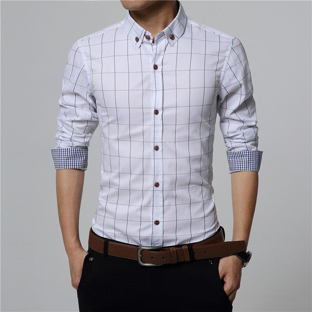 Solid Plaid Long-Sleeved Cotton Shirts