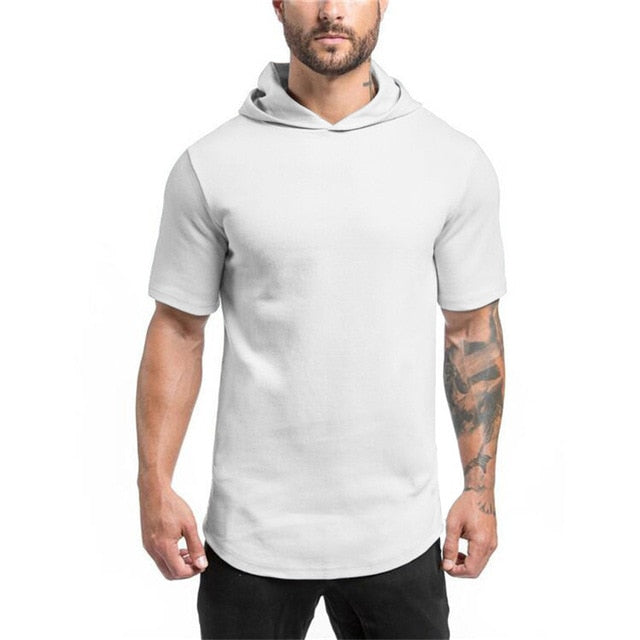 Men Short Sleeve Gym Style Hoodie T-Shirt