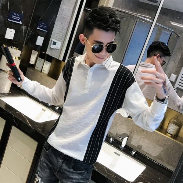 Solid Turn-down Collar with Casual Stripe Patchwork Men Shirt