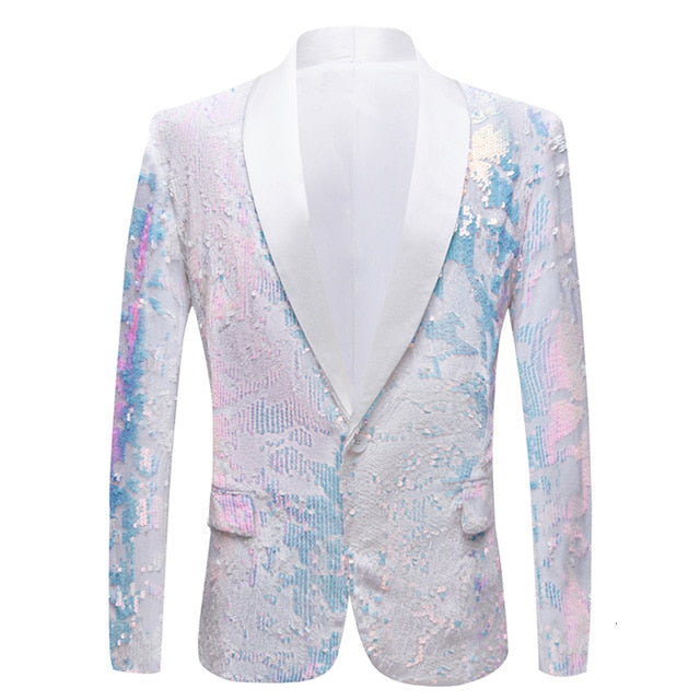 Costume de bal de fin d'année blanc à paillettes fantaisie Slim Fit Blazer pour hommes