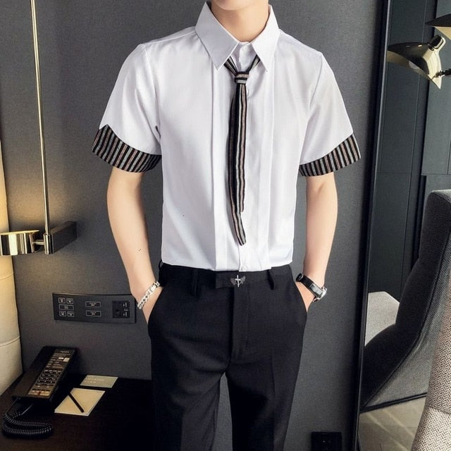 Vertical Lines With Tie Short Sleeve Shirt