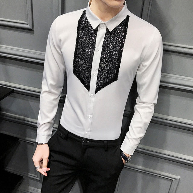 Chemise Homme Chic Mode Avant Paillettes Smoking Manches Longues