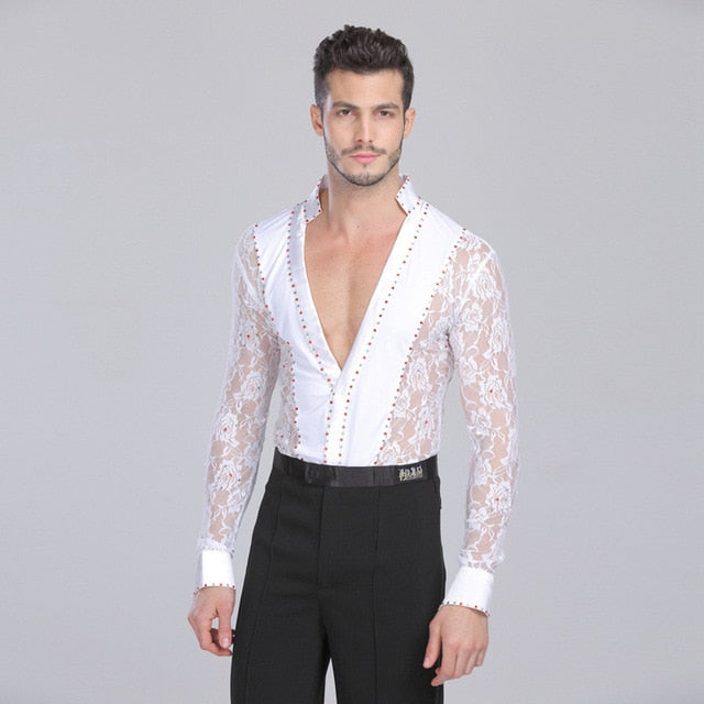 Deep V Lace Manches Longues Latin Salsa Style Hommes Chemises