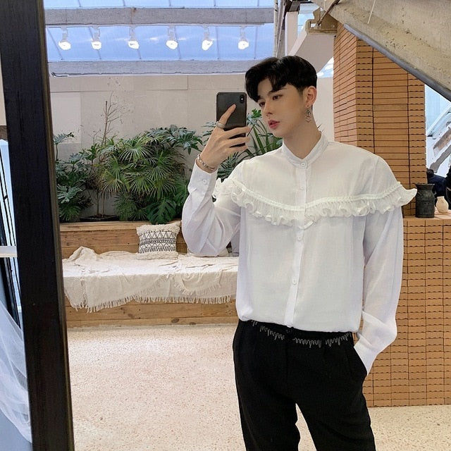 Printemps New Vintage avec chemise courte à volants sur la poitrine pour hommes