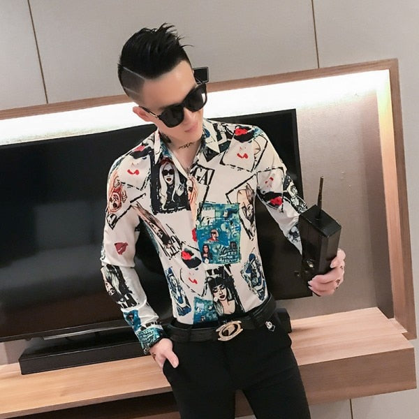 Camisas de manga larga para hombre de estilo casual con estampado de portada Slim Fit