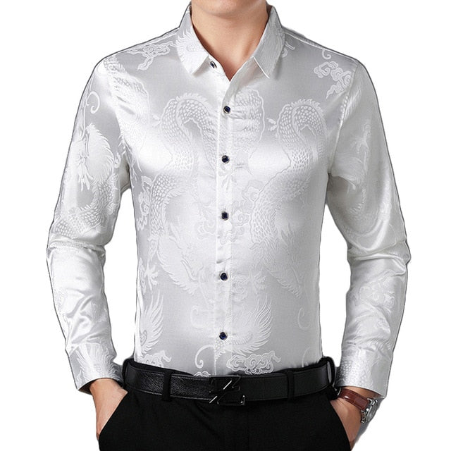 Smooth Silk Satin Chinese Dragon Jacquard Slim Fit Long Sleeve Style Men Shirt