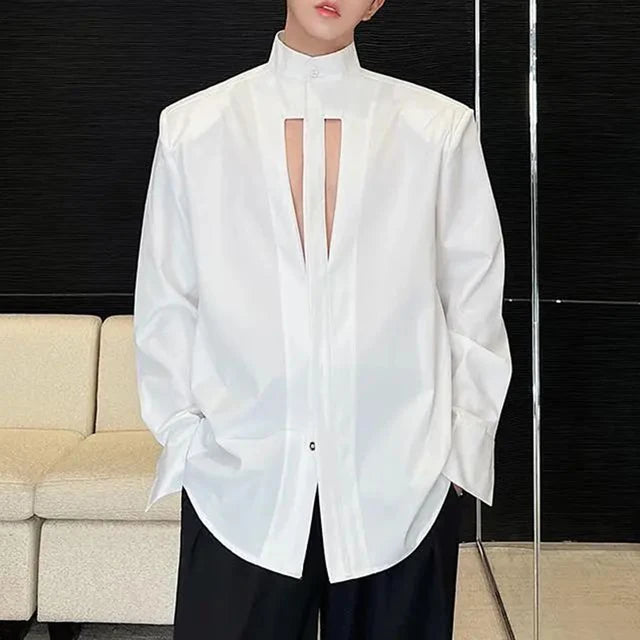 Solid Hollow Out Stand Collar Shirt