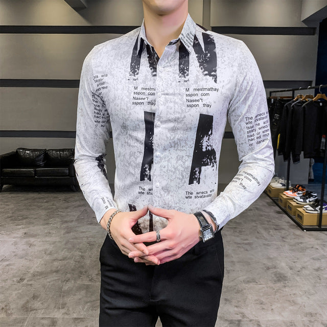 Lettre Imprimer Slim Fit Manches Longues Décontracté Bureau Porter Style Hommes Chemises