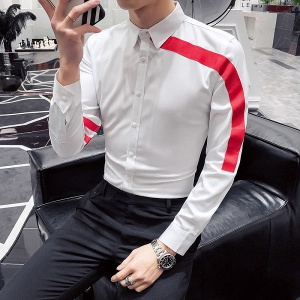 Simple Red Ribbon Patchwork Modern Style Men Shirts
