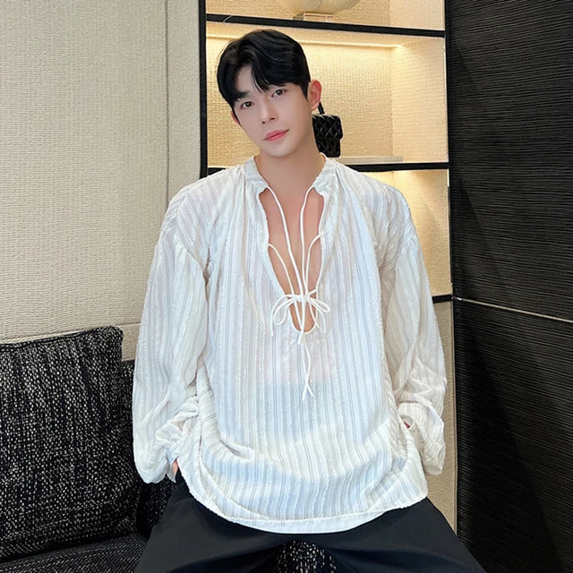 Lace-Up Loose Lantern Sleeve Shirt