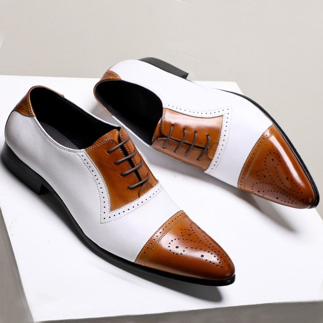 Genuine Leather Double Colours Perforated Pointed Toe Style Men Shoes