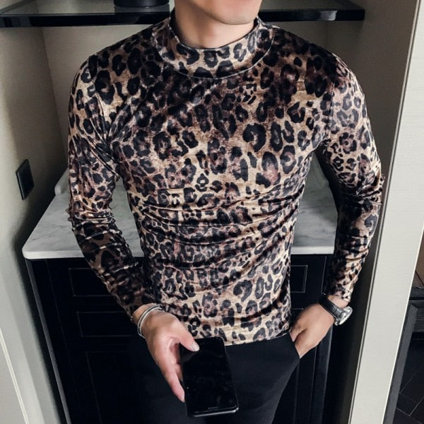 Turtleneck Leopard Style Printed Long Sleeve T-Shirt