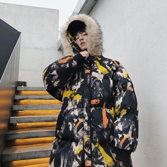 Fur Hoodie Abstract Printed Streetwear Style Men Warm Jacket
