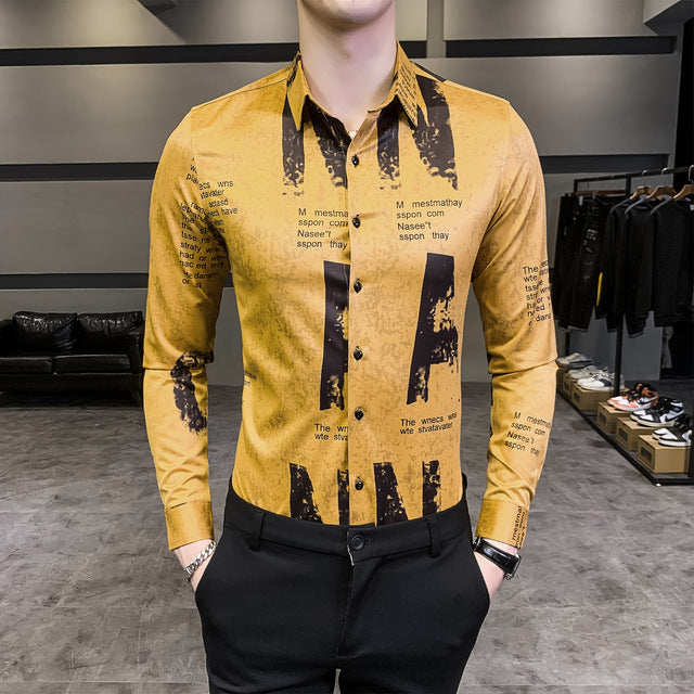 Lettre Imprimer Slim Fit Manches Longues Décontracté Bureau Porter Style Hommes Chemises