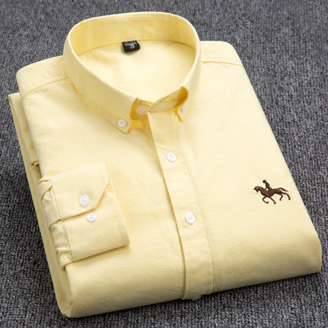 Embroidery Horse Pocket Solid Turn-Down Collar Shirt