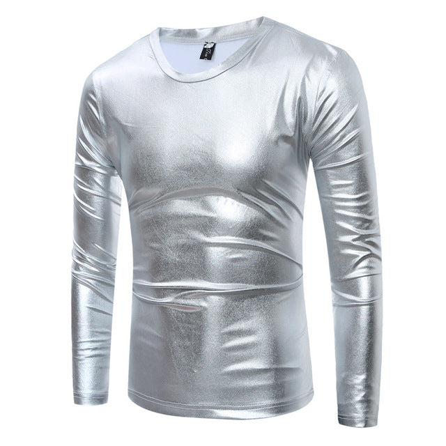 T-shirt pour hommes de style décontracté à col en V métallique enduit brillant