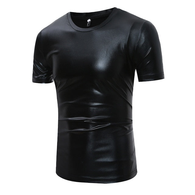 T-shirt pour hommes de style décontracté à col en V métallique enduit brillant