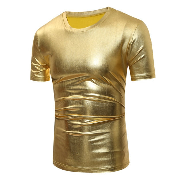 T-shirt pour hommes de style décontracté à col en V métallique enduit brillant
