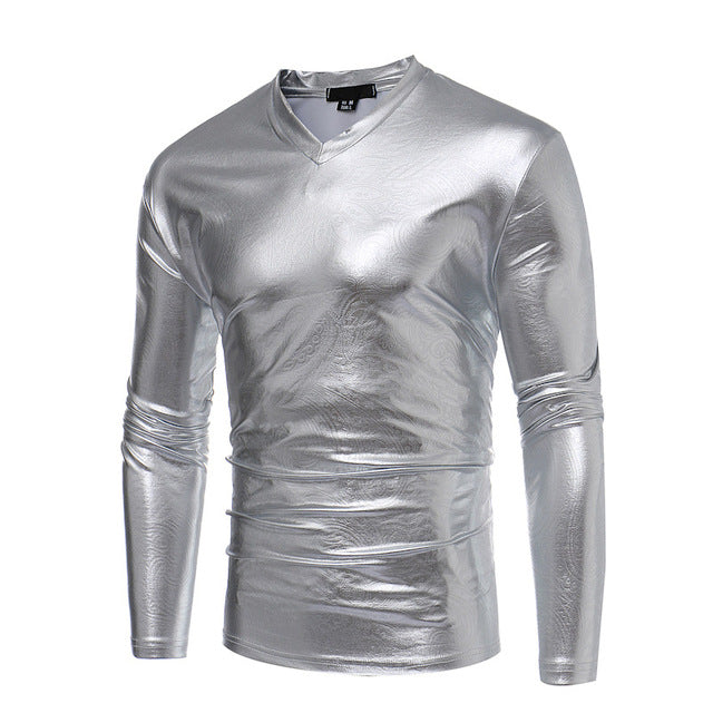 T-shirt pour hommes de style décontracté à col en V métallique enduit brillant