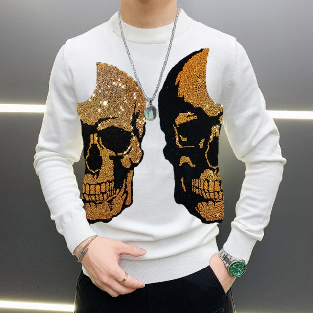 Two Half-Skull Rhinestone Decorated Sweatshirt