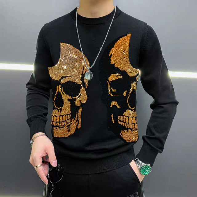 Two Half-Skull Rhinestone Decorated Sweatshirt