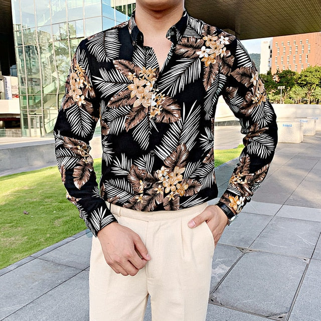 Chemise à manches longues boutonnée à imprimés floraux tropicaux pour hommes