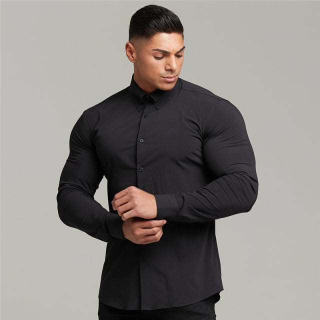Muscular Solid Fit Casual Long Sleeve Shirt