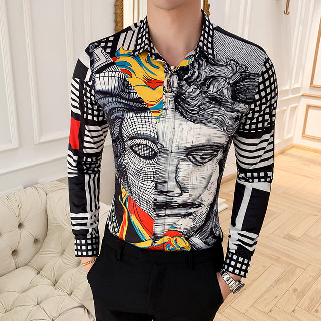 Man Face Printing Colour Splice Design Men Shirt