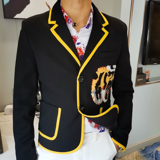Notch Lapel Tiger Head Embroidery Blazer