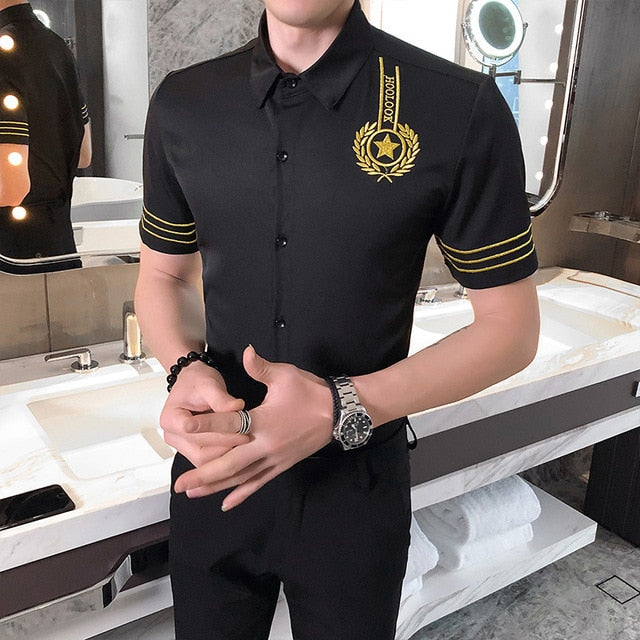 Fashion Luxury Gold Embroidery Men Slim Fit Dress Shirt