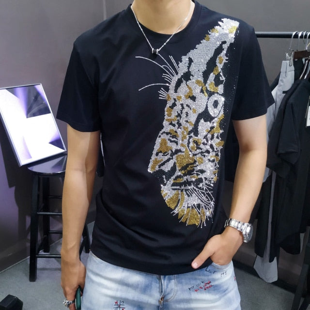 Glittering Rhinestones Offset Tiger Face Decorated T-Shirt