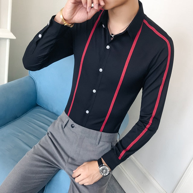 Camisa de hombre de estilo casual de corte slim de manga larga con rayas sólidas