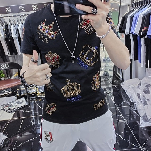 Multicolor Crowns Rhinestones Men Slim Fit T-Shirt