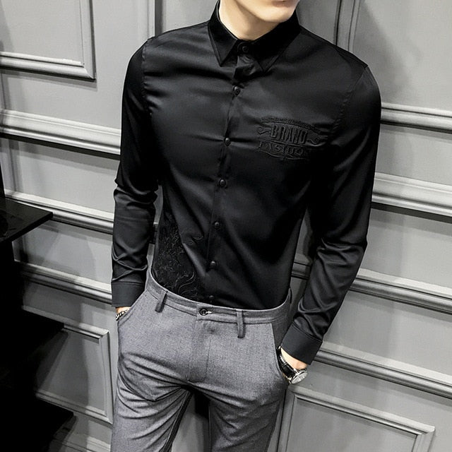 Solid Color with Embroidery Details Long Sleeve Casual Slim Fit Men Shirts