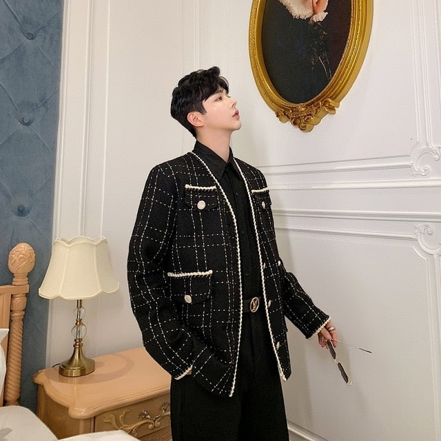 Loose Weaving Plaid Vintage Casual Style Men Blazer