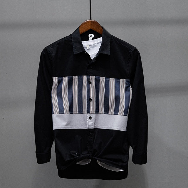 Striped Patchwork Cotton Long Sleeve Shirt