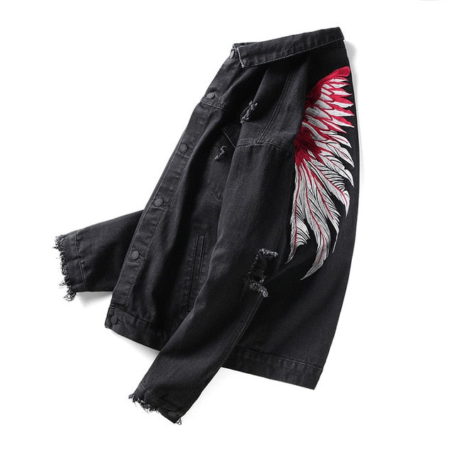 Distressed Casual Wings Embroidery Back Details Men Jacket