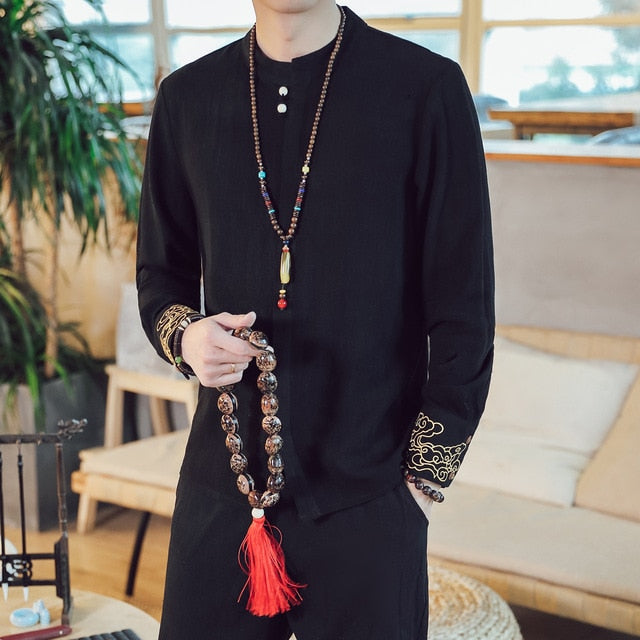 Style Kung Fu traditionnel en lin avec chemise à manches longues pour homme brodée au poignet simple