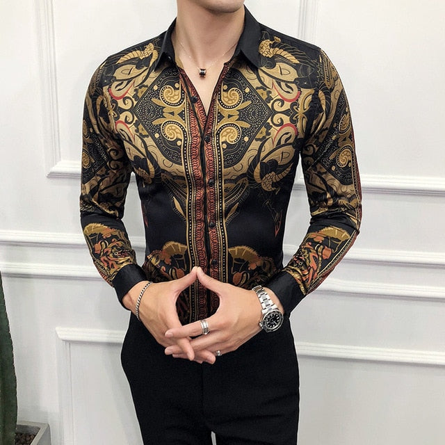 Camisa de hombre con estampado de arte dorado lujoso vintage