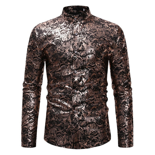 Chemise à manches longues dorée à fleurs bronzantes pour hommes
